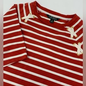 Ralph Lauren Women’s Red/Cream Striped Dress Laced Up Shoulders Sz XS T6